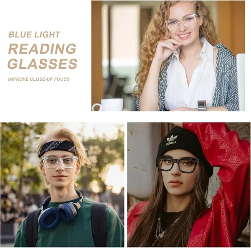 Vista 3 de AQWANO Elegantes anteojos de lectura cuadrados de gran tamaño para hombres y mujeres, diseño de moda, lectores de marco grande, lentes