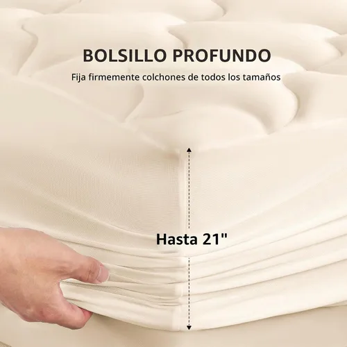 Vista 4 de SLEEP ZONE Almohadilla de colchón tamaño Twin, Protector de colchón elástico ajustado para niños, Bolsillo profundo 8~21 pulgadas Cubrecolchón Beige