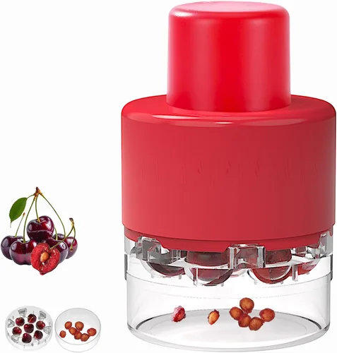 Vista 7 de Cherry Pitter, herramienta de acero inoxidable resistente para descorazonadores de aceitunas y cerezas con diseño de bloqueo que ahorra espacio