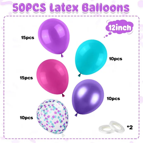 Vista 2 de Globos de látex rosa intenso, azul, morado, 50 globos de látex de 12 pulgadas con confeti metálicos para niños, temática mágica, cumpleaños, baby