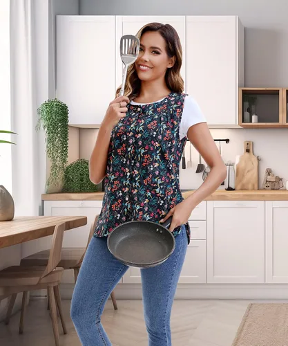 Vista 3 de Nanxson Delantal de cobbler para mujer, bata de algodón con 2 bolsillos de parche, delantal impreso con botones para el trabajo, cocina de chef