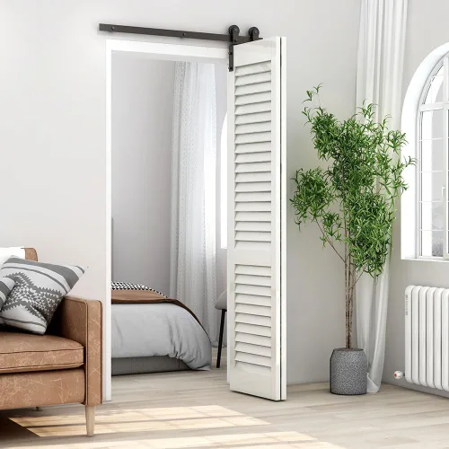 Vista 2 de Kit de herrajes para puerta de granero plegable de 42 pulgadas, kit de riel de rodillos resistente para 2 puertas montadas en el lateral, suave