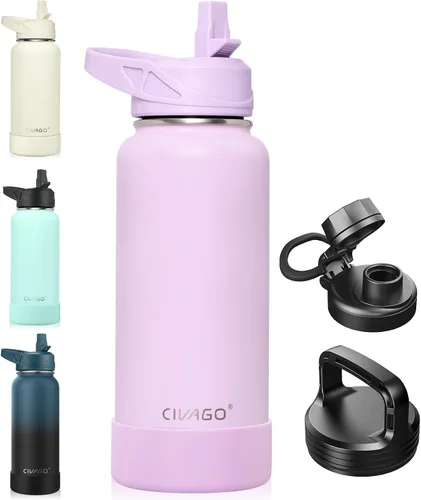 Vista 47 de CIVAGO Botella de agua aislada de 22 onzas con pajita, frasco de agua deportiva de acero inoxidable con 3 tapas