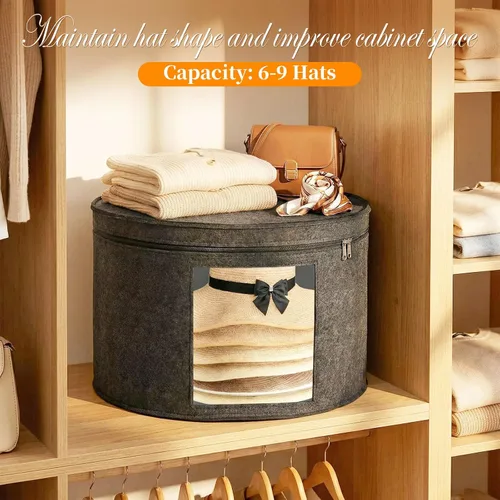 Vista 4 de Cajas de almacenamiento para sombreros para mujeres y hombres, caja redonda de almacenamiento de sombreros de fieltro para armario, vaquero, borde