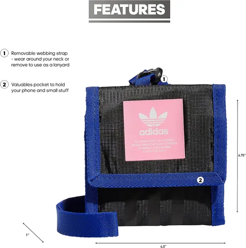 Vista 2 de adidas Originals Cartera de viaje con bolsillo para el cuello con cordón desmontable, negroazul lúcidorosa haz, talla única, NegroAzul LucidoRosa