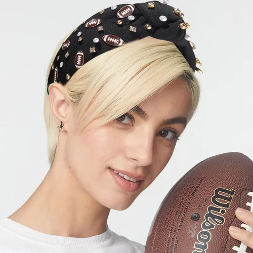 Vista 2 de Diadema de fútbol para mamá, accesorios de perlas con diamantes de imitación anudados, banda ancha para el pelo negra, diadema de nudo superior