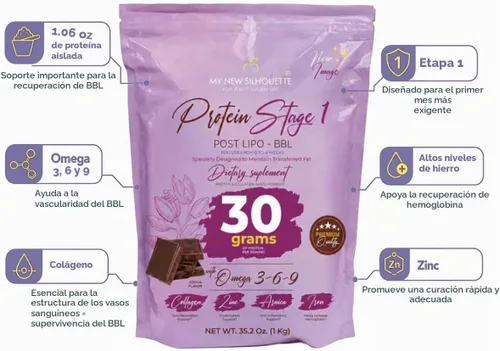Vista 3 de MI NUEVA SILUETA Post BBL Stage 1 Proteína médica con Omega 3, 6 y 9. Mejorada con 1.06 oz de proteína aislada por batido + colágeno (chocolate)