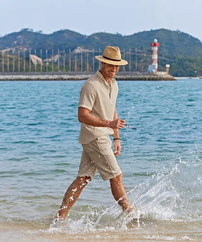 Vista 6 de COOFANDY Conjunto de 2 piezas de lino para hombre, camisas Henley casuales de manga corta, pantalones cortos de yoga para la playa, pantalones