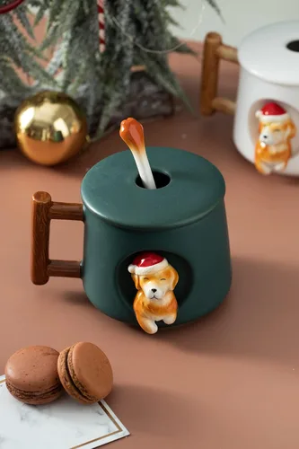 Vista 7 de DIHOclub Taza de café de cerámica con tapa y cuchara a juego, taza con patrón 3D Golden Retriever para té, leche y chocolate, bonita taza