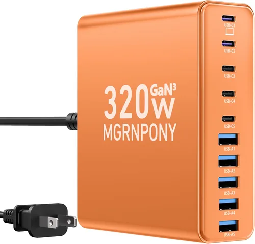 Vista 7 de Bloque de Cargador USB C de 320W, Estación de Carga de 10 Puertos USB C GaN III PD 65W Adaptador de Carga Rápida para Laptop para MacBook Pro/Air