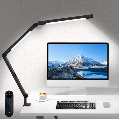 Vista 7 de Micomlan Lámpara de escritorio LED con abrazadera, lámpara de mesa de doble luz con brazo oscilante ajustable, cuidado de los ojos, 4 modos CCT y 5