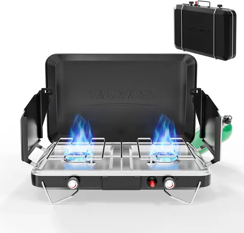 Vista 8 de ROVSUN Estufa de campamento de propano de 20000 BTU con adaptador, 2 quemadores de mesa portátil de propano con mango integrado y panel de viento