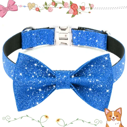 Vista 2 de Collar de perro Jumpress para niño azul con lazo, collar de pajarita con brillo para cachorros, perros pequeños y medianos, collar de perro lindo