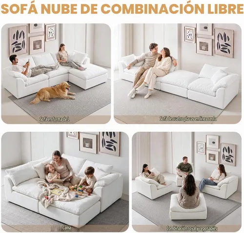Vista 5 de Sofá modular de nube sin hueso de 110 pulgadas para sala de estar, sofá modular en forma de L de gran tamaño con otomana, sofá seccional de felpilla