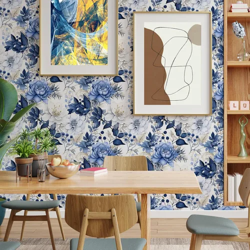Vista 2 de Booming Peony - Papel tapiz floral de peonía para despegar y pegar - Papel tapiz autoadhesivo removible de hojas azul/blanco - Mural decorativo