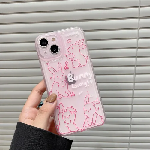 Vista 3 de Funda de teléfono para iPhone 13 Pro Max, funda de dibujos animados de conejo rosa transparente en 3D para mujeres y niñas