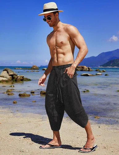 Vista 3 de COOFANDY Pantalones capri harén de lino para hombre, ligeros, sueltos, 34, con cordón elástico, cintura elástica, pantalones casuales para yoga