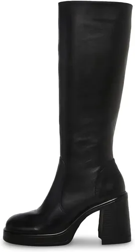 Vista 2 de SOVANYOU Botas de cuero negro Botines de plataforma para mujer Botas de tacón cuadrado con plataforma Botas de tacón grueso con punta cuadrada Botas