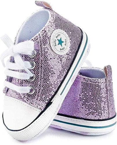 Vista 3 de Zapatos de bebé, para niñas o niños, suaves, suela antideslizante, para recién nacidos y primeros pasos, de estrella, tenis caña alta de lona