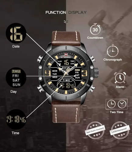 Vista 9 de NAVIFORCE Reloj deportivo digital para hombre, de cuero, cuarzo, impermeable, militar, cronógrafo, despertador, relojes de pulsera