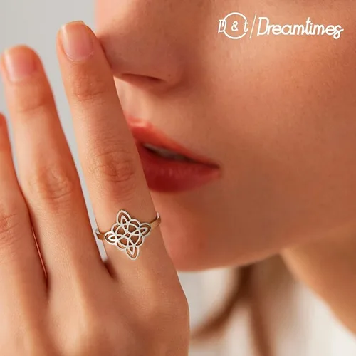 Vista 3 de Dreamtimes Anillo de nudo de bruja para mujer, de acero inoxidable, con barra abierta, ajustable, celta, cuaternario, nudo de bruja, amuleto