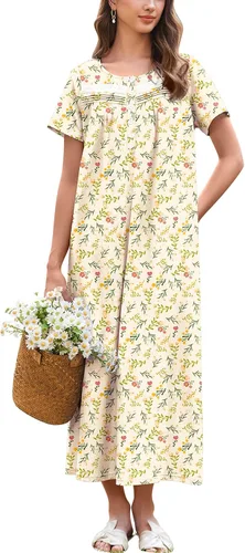 Vista 12 de Ekouaer Camisón para Mujeres de Algodón Camisón Largo de Noche Camisón de Manga Corta con Bolsillos Camisón con Botones Ropa de Dormir Suave