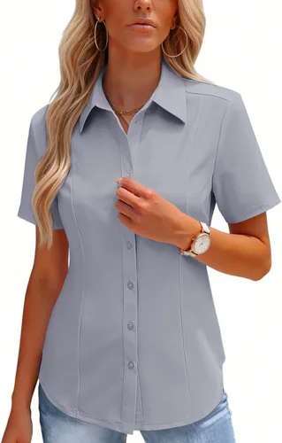 Vista 9 de HOTOUCH Camisas con botones para mujer, manga corta, elástica, sin arrugas, blusas formales de trabajo, blusas de verano, tallas S-2XL