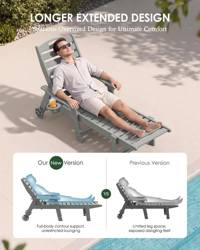Vista 10 de Tumbona al aire libre, silla de descanso al aire libre con textura de madera, respaldo ajustable de 5 posiciones, silla de salón de polietileno