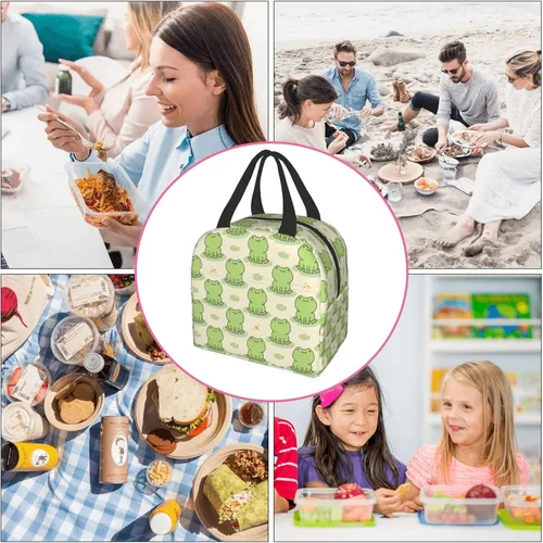 Vista 9 de Lonchera con diseño de rana y libélula, lonchera con aislamiento, reutilizable, impermeable, con bolsillo frontal para oficina, picnic, senderismo
