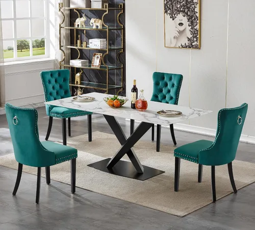 Vista 15 de Juego de mesa de comedor de mármol blanco para 4, 70 pulgadas, mesa de comedor de mármol blanco con 4 sillas de terciopelo beige y base de acero al