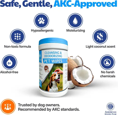 Vista 2 de AKC Toallitas para mascotas para perros y gatos, recipiente, 200