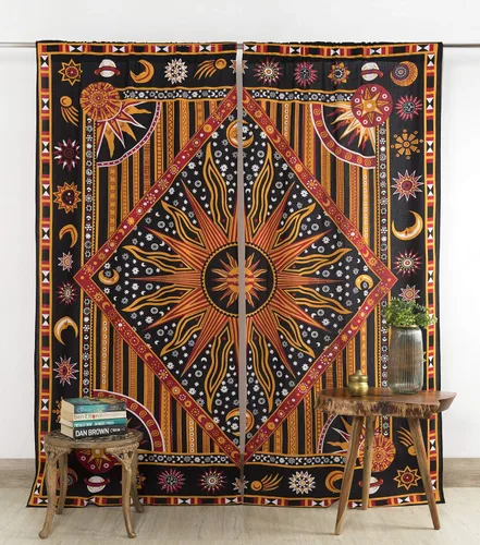 Vista 10 de Popular Handicrafts – Cortinas de ventana con diseño de mandala hippie indio, estilo bohemio, sol ardiente, luna gitana, hermosas cortinas
