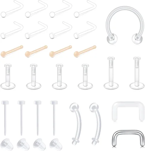 Vista 14 de QWALIT - Pendientes de nariz transparentes en forma de L, retenedor de piercing flexible, hueso nasal, color de piel, retenedor de piercing