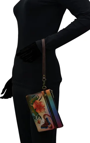 Vista 4 de Anna by Anuschka Cartera organizadora de cuero pintada a mano para mujer, hibisco antiguo, Hibisco antiguo
