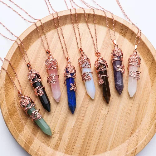 Vista 8 de Regalo para mujeres y hombres, collar hexagonal de cristal curativo, con diseño de amatista, con colgante de cuarzo envuelto en flores de amatista