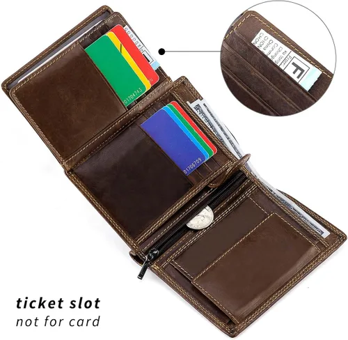 Vista 6 de HAWEE Cartera triple de cuero de vacuno con bloqueo RFID para hombres 10 ranuras para tarjetas 2 ventanas de identificación con bolsillo