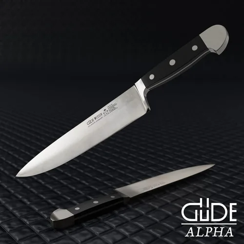Vista 6 de Güde Alpha Series Cuchillo de chef forjado a mano/afilado con mango Hostaform negro de 10 pulgadas, fabricado en Solingen, Alemania desde 1910