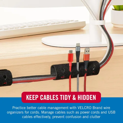 Vista 3 de VELCRO Brand Organizador de cables para escritorio y mesita de noche, 5 ranuras para cables con enrutamiento de mangas, soporte de alambre adhesivo
