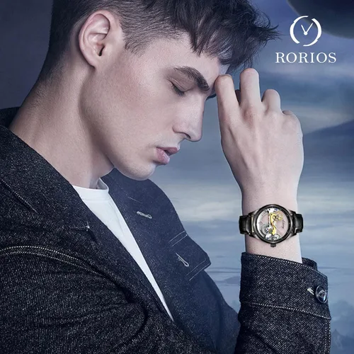 Vista 2 de RORIOS Reloj mecánico de moda para hombre con banda de acero inoxidable automático de cuerda automática reloj de pulsera impermeable de negocios