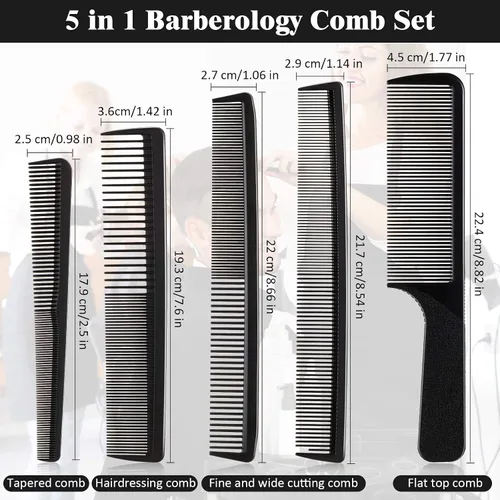 Vista 2 de Peine de corte de pelo, 5 piezas, peine de peluquería para peluquería, dientes finos, juego de cepillos de pelo de carbono, antiestático, resistente