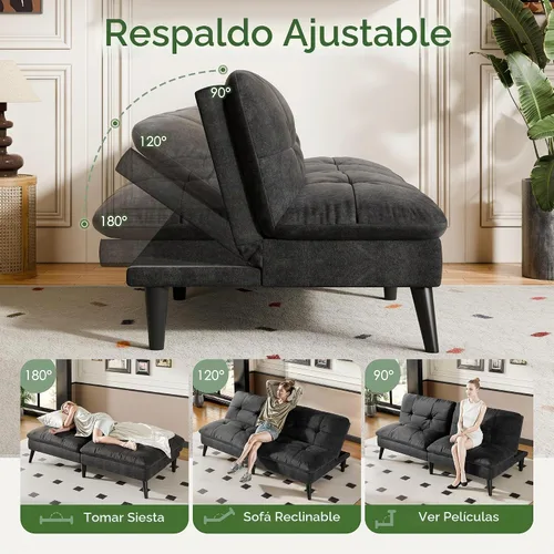 Vista 4 de Vongrasig Sofá cama futón de terciopelo con respaldo ajustable, sofá cama plegable convertible pequeño, sofá cama moderno para sala de estar
