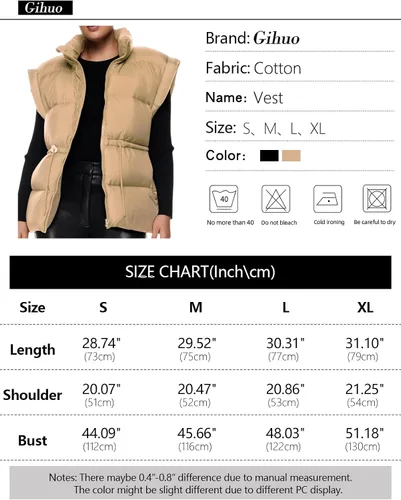 Vista 6 de Gihuo Chaleco acolchado con cremallera y cuello alto para mujer, chaleco acolchado de invierno sin mangas