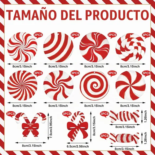 Vista 3 de 36 piezas de adornos navideños de madera con forma de bastón de caramelo, decoración colgante para árbol de Navidad, piruletas de menta roja