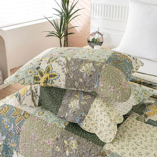 Vista 4 de YAYIDAY - Edredón tamaño Queen, juego de colcha con patrón de retazos - 100% algodón reversible y transpirable con estampado floral acolchado