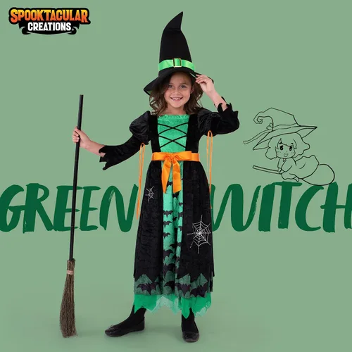 Vista 2 de Spooktacular Creations Disfraz de bruja verde para niñas disfraz de murciélago de bruja de cuento de hadas con sombrero disfraz de bruja malvada
