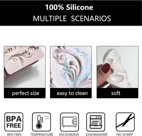 Vista 3 de Molde de fondant de silicona de voluta barroca para decoración de pasteles, 4.67x3.58 pulgadas Sin BPA, apto para lavavajillas, microondas, fácil
