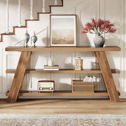 Vista 4 de Tribesigns - Mesa consola extralarga de 70.9" con almacenamiento, mesa de sofá estrecha de 3 niveles en madera detrás del sofá, mesa de entrada