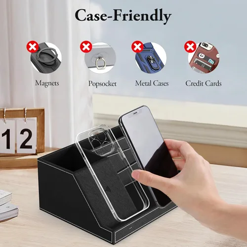 Vista 10 de TopMade Organizador de mesita de noche de escritorio con cargador inalámbrico, soporte de cuero para bolígrafos, accesorios de oficina, estación