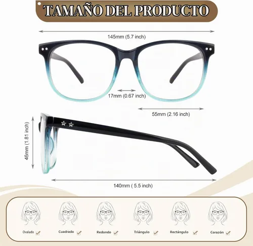 Vista 5 de Happy Store CN81 - Gafas de gran tamaño con montura UV 400 transparente Azul