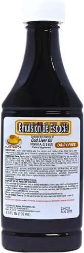 Vista 4 de Emulsion de Escocia Aceite de hígado de bacalao con sabor a flan, paquete de 1 (6.5 onzas líquidas, 6.5 fl oz), Omega-3 con vitaminas A y D